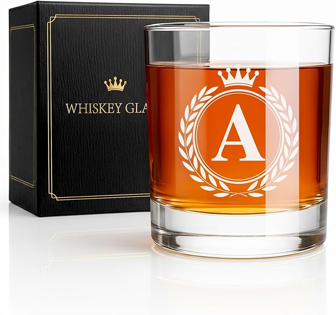 Whiskey Glasses - Rocks Old Fashioned Glass Gifts for Men, Monogrammed A-Z 10oz Personalized Whisky Glasses, Christmas Birthday Gifts for Men Him Dad Father Husband Brother Son (A)