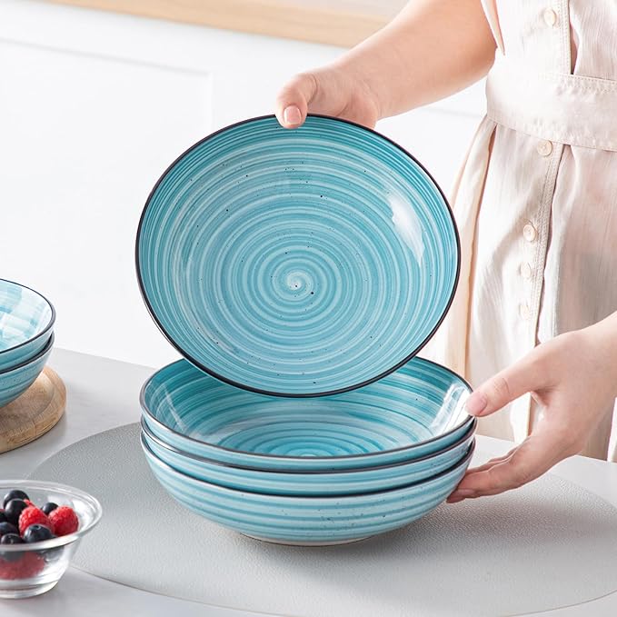 vancasso Bonbon Pasta Bowls Set of 6, 38 Oz Ceramic Salad Bowls, Wide and Shallow Bowls Set, Large Serving Bowls for Kitchen, Blue