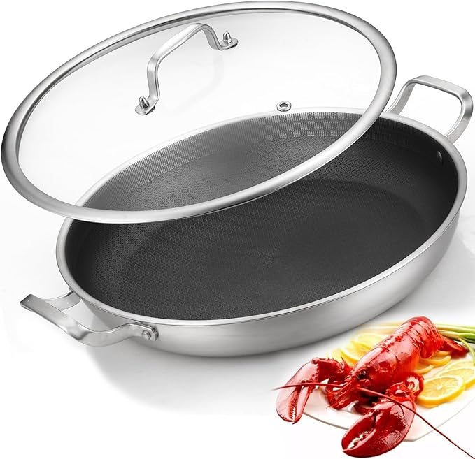 Tri-Ply Stainless Steel Paella Pan,13.5 Inch Nonstick Large Skillet,10 Servings 18/10 Paella Pan with Lid,Jumbo Cooker,Induction Pan,large stainless steel pan for Outdoors,Camping