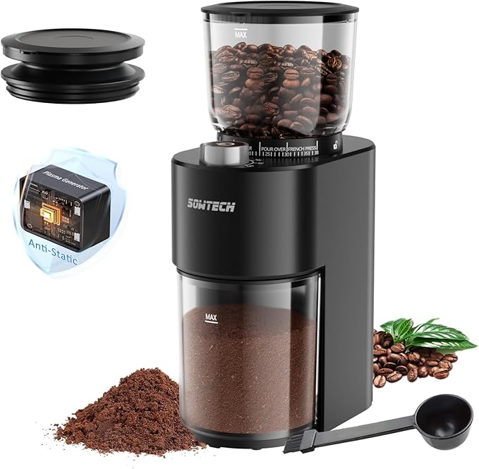 Anti-static Conical Burr Coffee Grinder, Adjustable Electric Mill, 38 Precise Grind Settings, Precision Timer, for Espresso, Drip and French Press, Black
