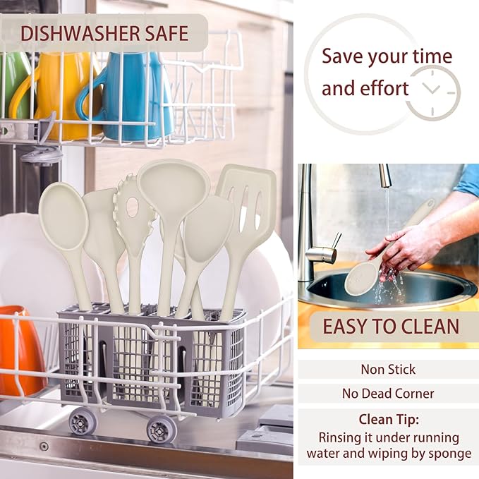 P&P CHEF Silicone Cooking Utensils Set of 7, Heat-proof Kitchen Utensils Set for Nonstick Cookware, Non-stick Spatula, Slotted Turner, Soup Ladle, Pasta Server, Spoon for Cooking Serving - Khaki