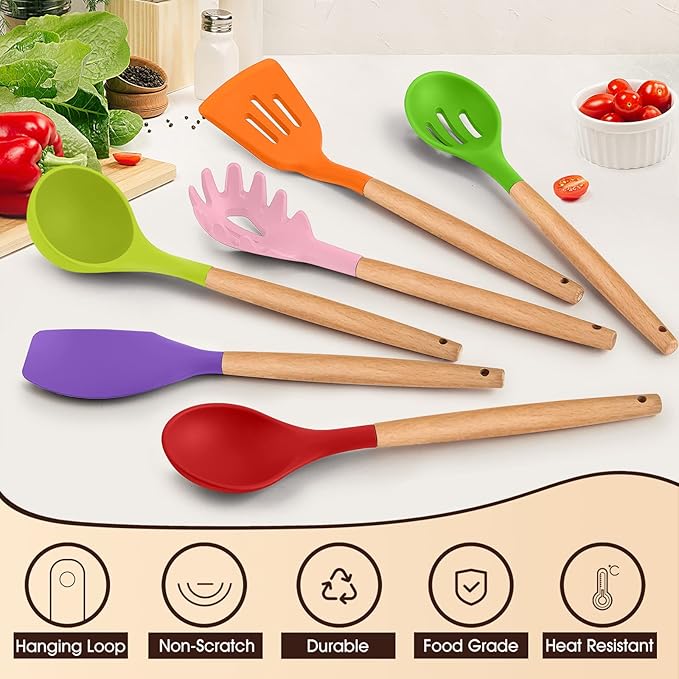 Cooking Utensils Set of 6, E-far Silicone Kitchen Utensils with Wooden Handle, Non-stick Cookware Friendly, Includes Spatula/Ladle/Slotted Turner/Serving Spoon/Spaghetti Server(Multi-colored)