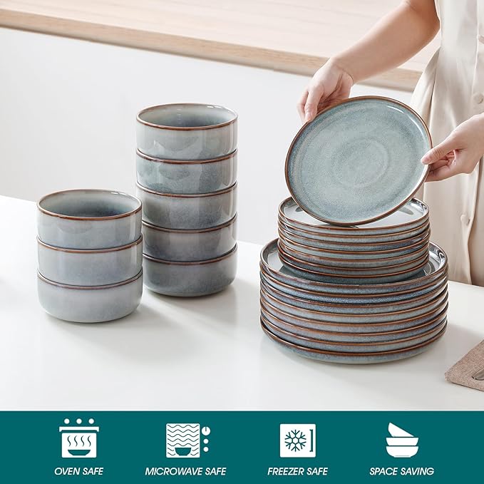vancasso PLAYA Plates and Bowls Sets, 24 Pieces Light-Blue Dinnerware Sets for Kitchen, Reactive Glaze Dishes Set for 8, Dishwasher and Microwave Safe