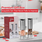 Electric Salt and Pepper Grinder Set – Automatic One-Handed Operation, Rechargeable Stainless Steel Mills, LED Light, 5-Level Adjustable Coarseness, Large 95ml Capacity and Clear Base