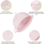 Metal Colander 5 Quart Powder Coated Self-draining Metal Strainer with Base,Kitchen Pasta Fruit Vegetable Basket with Double Handles (Pink)