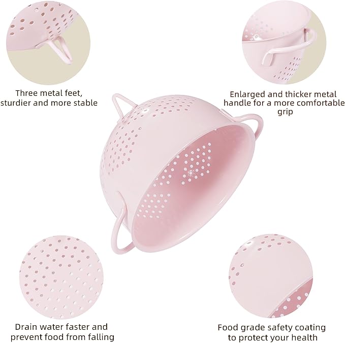 Metal Colander 5 Quart Powder Coated Self-draining Metal Strainer with Base,Kitchen Pasta Fruit Vegetable Basket with Double Handles (Pink)