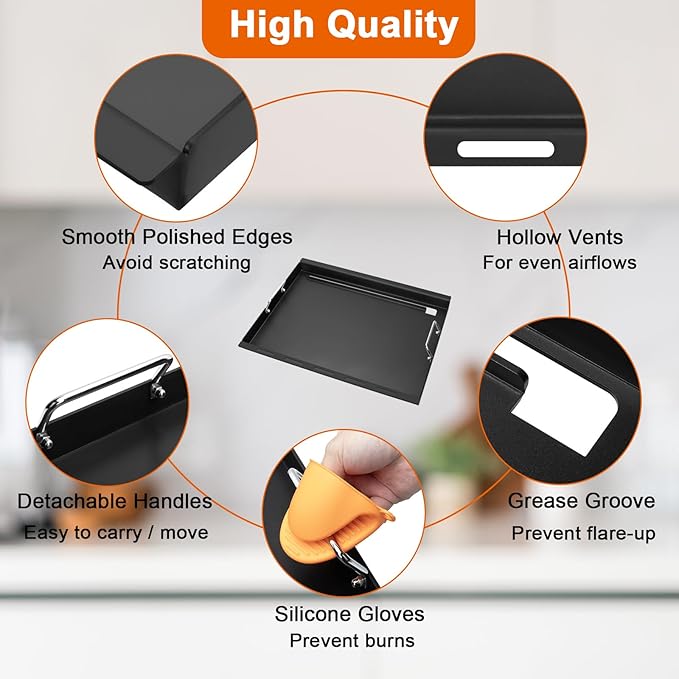 Full-Size Griddle Insert for Char-Griller 5050 3001 5650 3008 3030 3725, Flat Top Griddle with Handles for Chargriller Charcoal Grills, Cooking Griddles for Chargriller with 2 Pcs Fire Grate Hangers