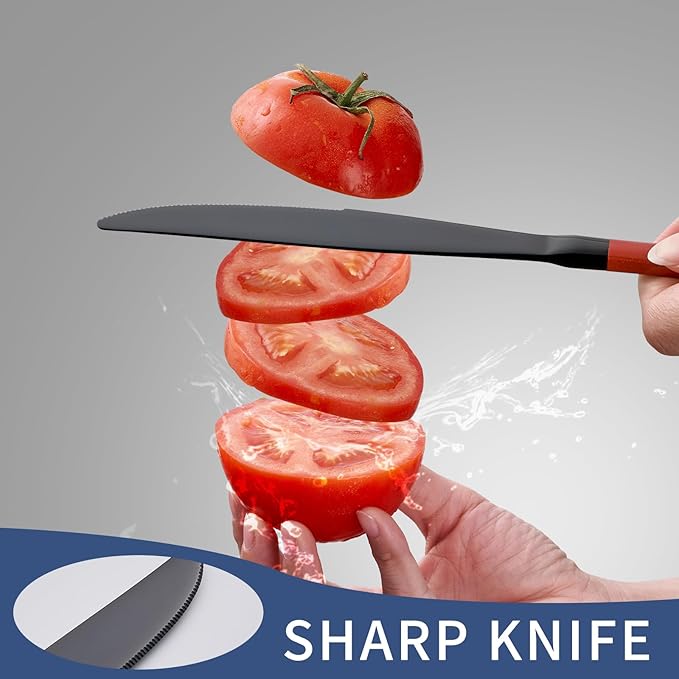 20-Piece Red Silverware Set 18/0 Stainless Steel Black Silverware Set Red Handle Cutlery Black Set Service for 4 Dinner Knives Forks Spoons Set Black Flatware SetFinish Dishwasher Safe