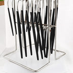 Black Silver 24Pcs Flatware Set With Stand, Lightweight Dinnerware Set Stainless Steel Cutlery With Black handles For Home Kitchen Wedding Party And Daily Use,Service For 6, Mirror Polish