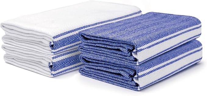 Salt Earth Kitchen Towels Cotton Dish Towel Size 24x14 Inches Set of 4 100% Ring Spun Cotton Absorbent Quick Dry Herringbone Weave Lint Free Washable Dishcloth Hanging Loop Color White & Blue Stripe