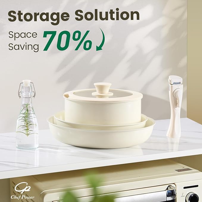 Chef Power Ceramic Nonstick Cookware Set 5 Piece with Detachable Handle, Induction Dishwasher Oven Safe Pans and Pots Set, RV Kicthen Set Removable Handle, Cream White