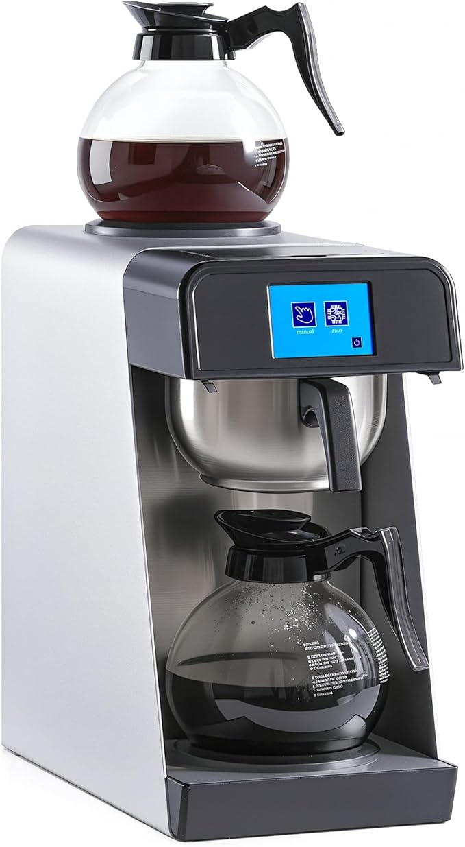 12-Cup Commercial Drip Coffee Maker 1.8L Auto Filling Pour Over Coffee Machine with 2 Glass Carafes, 2 Warmers, LCD Panel, Automatic Stainless Steel Coffee Brewer for Cofe Bar and Restaurant