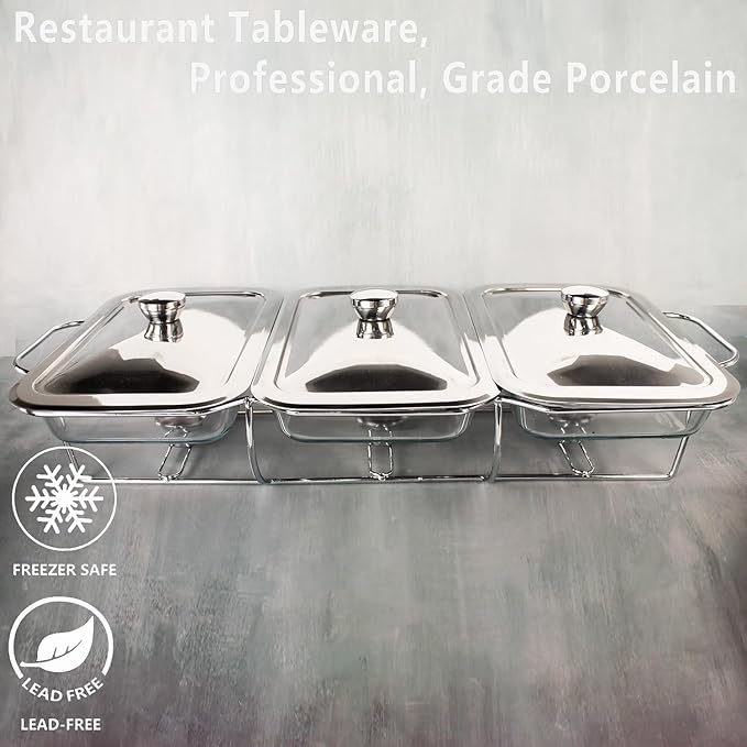 Casserole Dish Set Rectangle 3-in-1 Glass Baking Dish, with Stainless steel Lid and Silver rack, 1.3 Qt x 3 pcs Baking Pan For Casserole & Lasagna, Dishwasher Oven Freezer Microwave Safe
