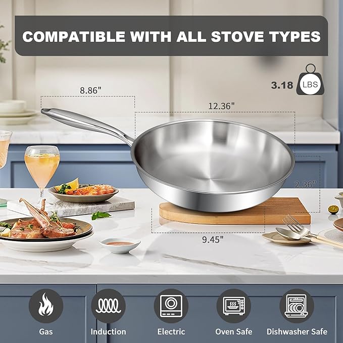 EWFEN 12 Inch Tri-Ply Stainless Steel Frying Pan, Skillet, Induction Cooking Pan, Dishwasher and Oven Safe, Fast & Even Heat, Heavy Duty and Detachable Handle