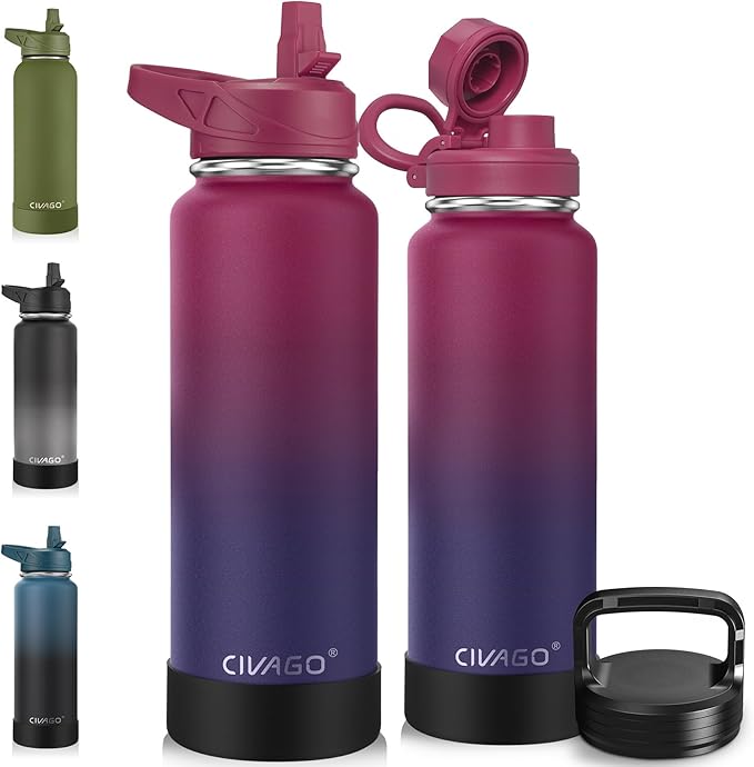 CIVAGO 40 oz Insulated Water Bottle With Straw, Stainless Steel Sports Water Flask Cup with 3 Lids (Straw, Portable Spout and Handle Lid), Double Walled Travel Thermal Canteen Mug, Dark Rainbow