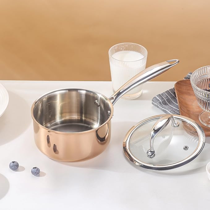 1-Quart Saucepan with Lid, Tri-Ply Stainless Steel Pot with Stay-Cool Handle & All Cooktop Compatibility (Gas, Ceramic, Electric) - Copper