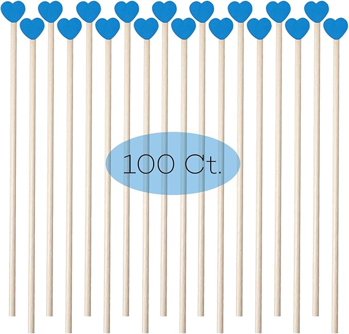 100-Piece 6Inch Rock Candy Sticks with Heart-Shaped Wooden Sticks for Lollipop, Coffee, Appetizer Skewers (Blue)