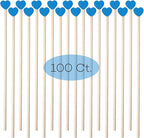 100-Piece 6Inch Rock Candy Sticks with Heart-Shaped Wooden Sticks for Lollipop, Coffee, Appetizer Skewers (Blue)