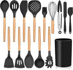 LIANYU 15-Piece Kitchen Silicone Cooking Utensils Set with Holder, Wooden Handle Kitchen Tools Include Spatula Tong Slotted Spoon Turner Whisk Brush, Black