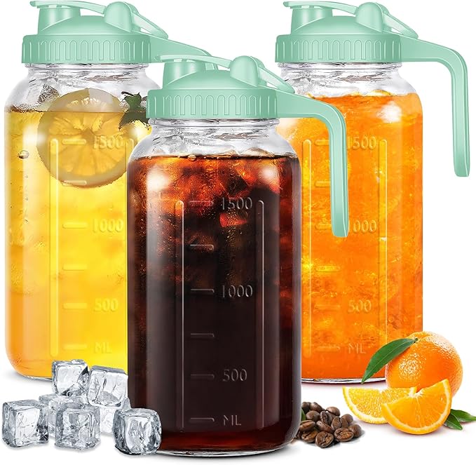 Mason Jar Pitcher, 64OZ Breast Milk Pitcher Double Leak Proof with Pour Spout Handle, Wide Mouth Iced Tea Pitcher for Fridge, Creamer Container for Coffee, Sun Tea juice (Green,3 Pack)