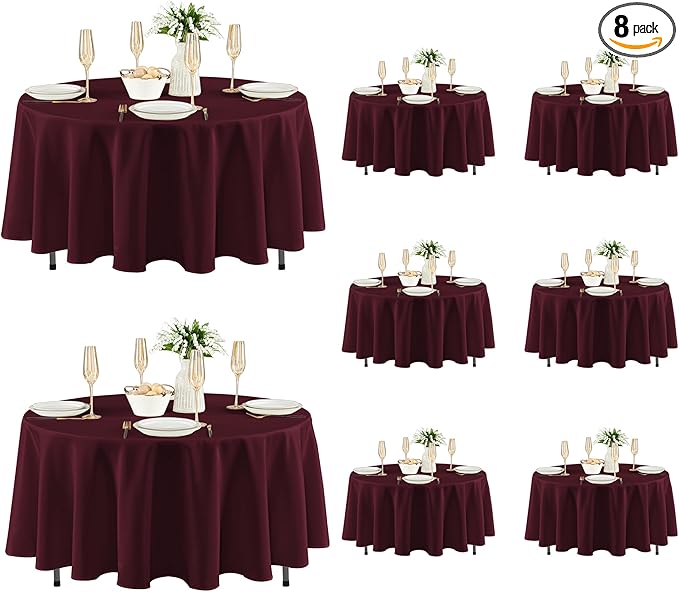 Fitable 8 Pack Round Tablecloths: Stain Resistant Wrinkle Free Circle Table Clothes, Washable Reusable Polyester Table Covers for Wedding Party Birthday Banquet Reception(Burgundy, 84 Inch)