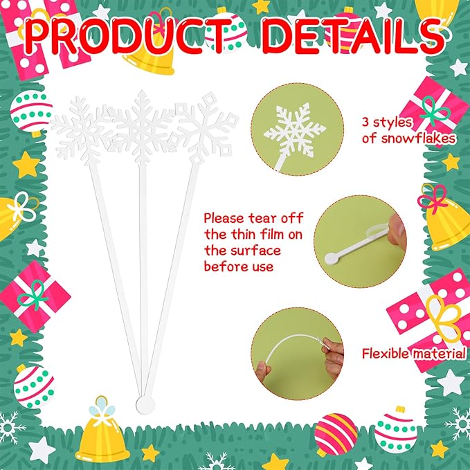 60 Pcs Snowflake Coffee Stirrers Christmas Stir Sticks Winter Stirrer Cocktail Drink Swizzle Sticks SnowflakeTop Swizzle Holiday Coffee Bar Xmas Christmas Party Supplies