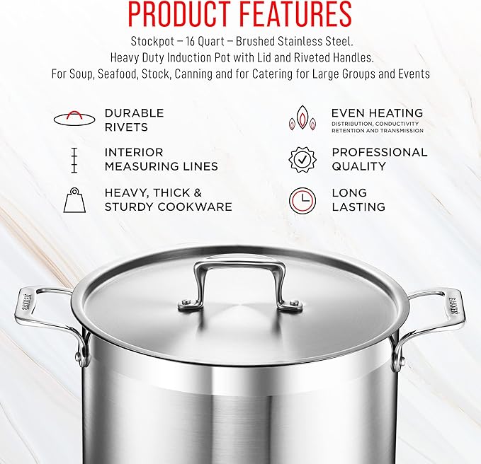 Stainless Steel Stockpot with Lid 16 Quart, Durable 18/8 Stainless Steel, Impact-Bonded Base for Even Heating, Riveted Handles, Oven & All Stove Compatible, Safe Up To 500°F (260°C)