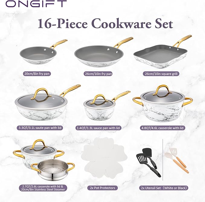 16Pcs Nonstick Cookware Sets, Kitchen Pots and Pans Set Non Stick for Cooking, Non Toxic Induction Cookware, Oven & Dishwasher Safe, Mable White