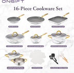 16Pcs Nonstick Cookware Sets, Kitchen Pots and Pans Set Non Stick for Cooking, Non Toxic Induction Cookware, Oven & Dishwasher Safe, Mable White