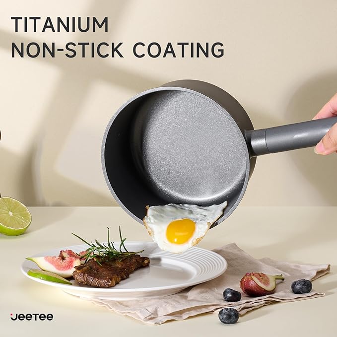 JEETEE Titanium Sauce Pan with Lid, 1.5 QT Non Stick Cooking Pots, Oven & Dishwasher Safe, Ideal for Sauces Soups and Heating Milk, PFOA/PFAS Free (Gray)
