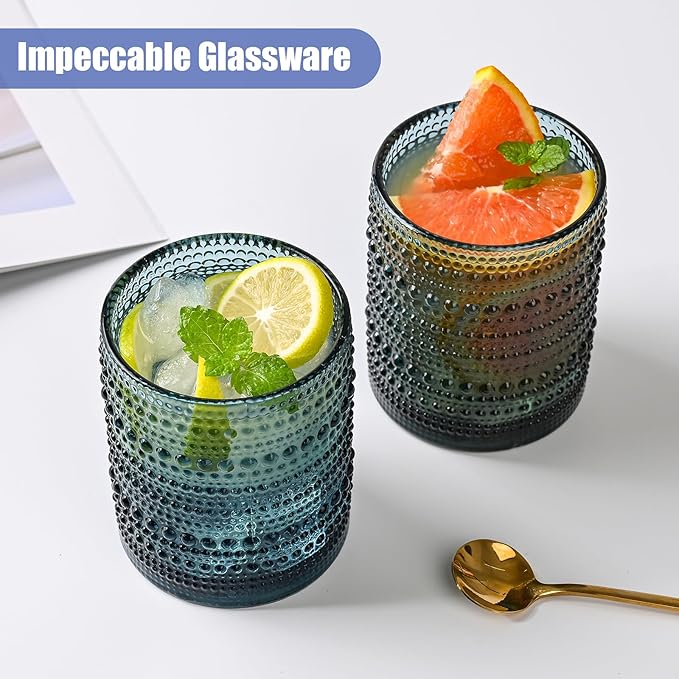 Vintage Glassware Drinking Glasses Set of 6,12 oz Hobnail Glass Cups,Embossed Blue Water Tumbler,for Beer,Cocktail,Whiskey,Juice and Various Mixed Drinks- 1 Cleaning Brush