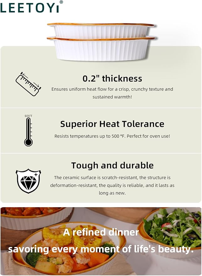 LEETOYI Porcelain Small Oval Au Gratin Pans,Set of 4 Baking Dish Set for 1 or 2 person servings, Bakeware with Double Handle for Kitchen and Home (White/Brown)