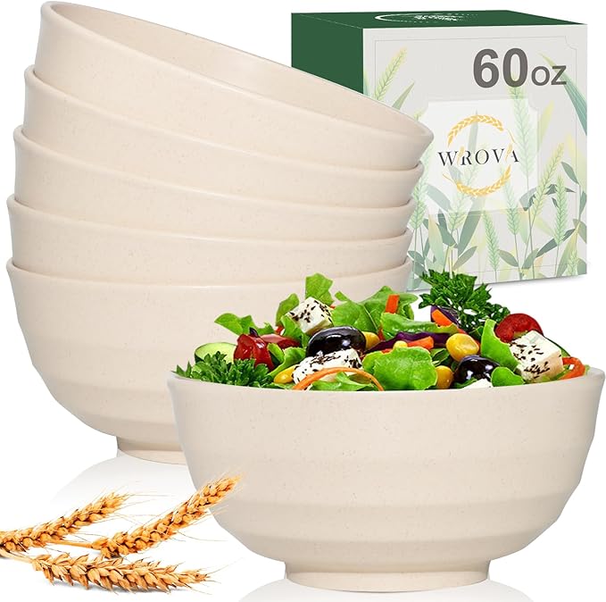 Wheat Straw Bowls Set 60 OZ, Unbreakable Large Beige Bowls Set of 6, Microwave & Dishwasher Safe Big Cereal Bowl for Picnic and Party BPA Free Salad Bowl for Serving Oatmeal and Popcorn (Beige)