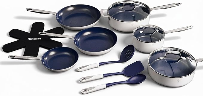 Guy Fieri's Flavortown 15-Piece Ceramic Cookware Set, Nonstick Pots and Pans for Cooking, Easy-Clean Kitchen Cookware, Made without PFAS PTFE PFOA, Induction Compatible, Dishwasher Safe, Blue & White