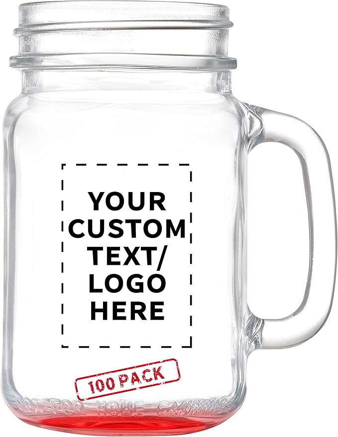 DISCOUNT PROMOS Custom Libbey Mason Jars w/Handles 16 oz. Set of 100, Personalized Bulk Pack - Traditional style, High standard - Red