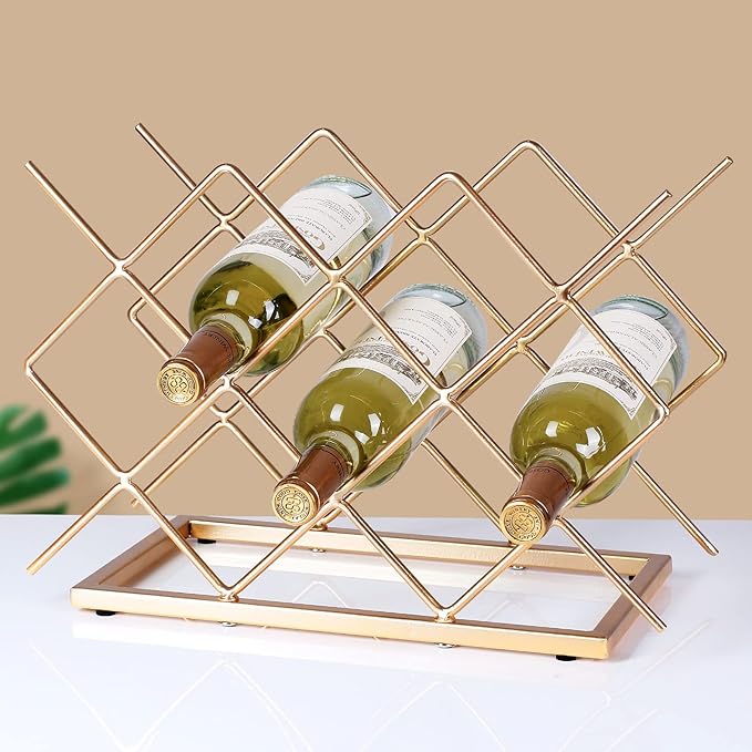 Countertop Wine Rack - 10 Bottle Freestanding Modern Gold Metal Small Wine Rack - Tabletop Wine Holder Stand for Cabinet, Pantry, Wine Bottle Storag…