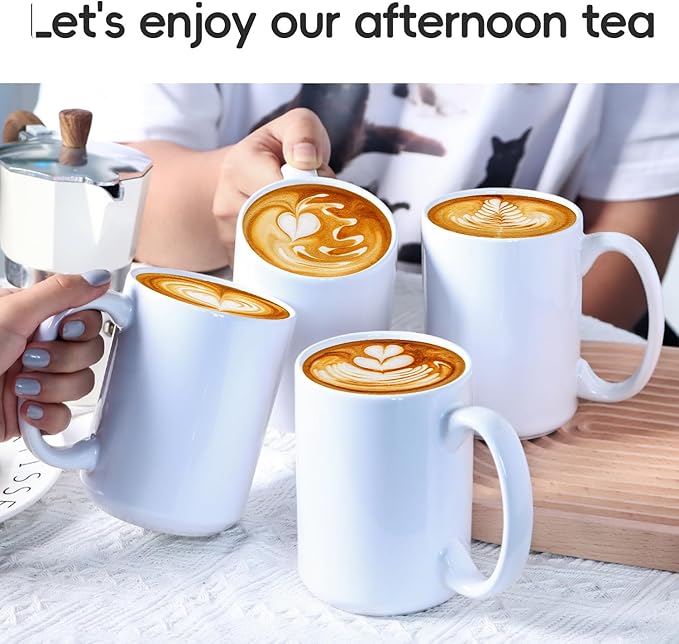 Smilatte 16 OZ Porcelain Coffee Mugs, Classic Blank Ceramic Cup with Large Handle for Tea Latte Cappuccino, Set of 4, White
