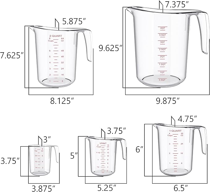 DaYammi Measuring Cups 5-Piece, Unbreakable Food-Grade Plastic Measuring Cup for Dishwasher, 1/2/4/8/16-Cup Nesting Liquid Measuring Cups for Prepping, Baking, Cooking, Readable Markings, Clear