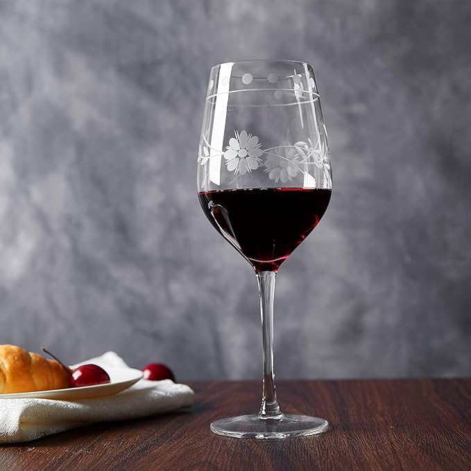 Premium Delight Wine Glasses Set of 4,16.5 oz – Hand-Blown with Etched Long Stem, Classic Glassware for Weddings, Dinners, and Holiday Gifting (Red Wine Glass)