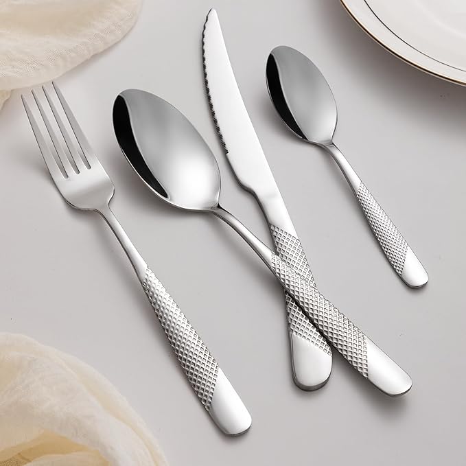 24-Piece Silvery Hammered Silverware Set, Food-Grade Stainless Steel Flatware Service for 6, Modern Cutlery Utensil Set with Forks Knives Spoons, Mirror Polished, Dishwasher Safe for Dining Restaurant