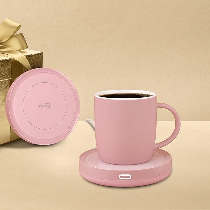 BESTINNKITS Smart Coffee Set Auto On/Off Gravity-induction Mug Office Desk Use, Candle Wax Cup Warmer Heating Plate (Up To 131F/55C), 14oz (Pink Set)