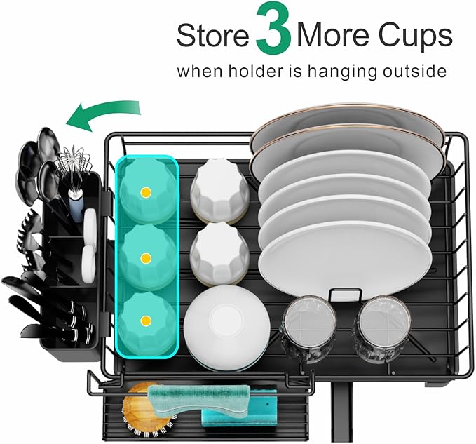 GSlife Dish Drying Rack with Sponge Holder for Kitchen Counter - Small Dish Racks for RV and Small Apartment, Compact Dish Drainer with Utensil Holder and Drain Spout, Black
