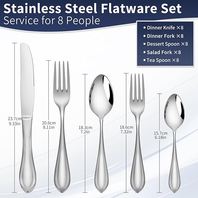 18/10 Stainless Steel Flatware, Heavy Duty Silverware Set for 8, Forged Thick Kitchen Silverware, Dishwasher Safe, Ideal for Gift