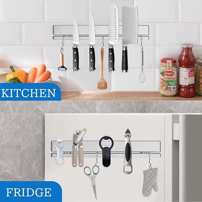 17 Inch Magnetic Knife Holder for Wall No Drill/Drill with 12 Hooks-Strong Adhesive Double Magnetic Bar Knife Magnetic Strip-Kitchen Utensil Holder-304 Stainless Steel Magnetic Knife Block