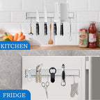 12 Inch Magnetic Knife Holder for Wall with 6 Hooks No Drill-Double Magnetic Bar Strong Adhesive Knife Magnetic Strip-Kitchen Utensil Hanger-304 Stainless Steel Magnetic Kitchen Knife Rack