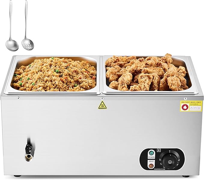 WILPREP Commercial Food Warmer with Two 1/2 Pans, 1500W Countertop Electric Steam Table, 86-185°F Adjustable Temp Control & Over-Temp Protection, Stainless Steel Buffet Bain Marie