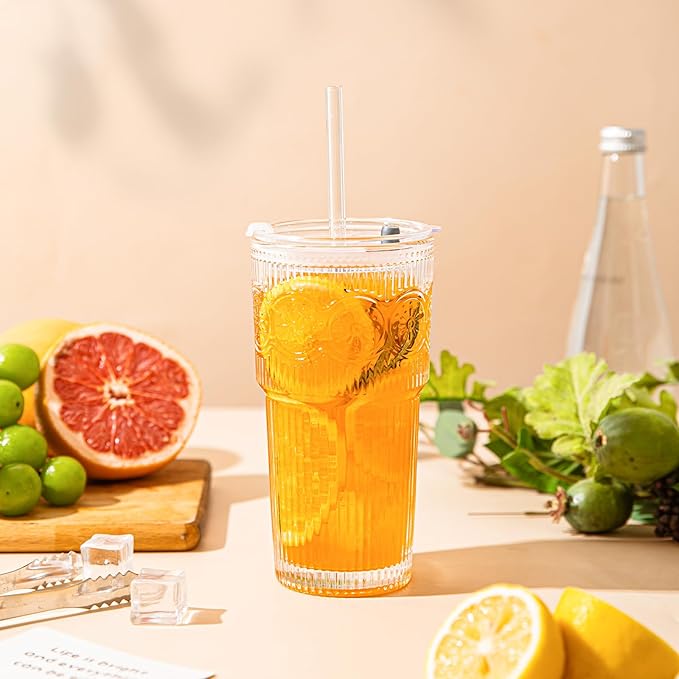 20oz Ribbed & Floral Glass Tumbler Set of 4 – Reusable Glass Cups with Lid and Glass Straw, To-Go Iced Coffee Cups for Water, Smoothie, Milk, Cocktail & More – Perfect for Daily Use & Travel