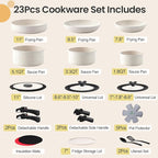23 Pcs Nonstick Pots and Pans Set with 4 Detachable Handle, Ceramic Cookware Set Non Toxic, Induction Dishwasher Oven Safe Cookware Set, RV Kicthen Set Removable Handle, White Granite