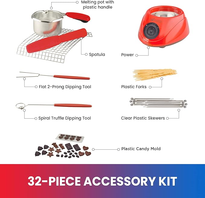 Total Chef Single Pot Chocolate Melter - Electric Candy Melting Hot Fondue Pot With 32+ Accessories, Serving 1 cup Dark or White Melted Chocolate For Dipping Party Desserts, 8.8 Oz (250 g) Capacity