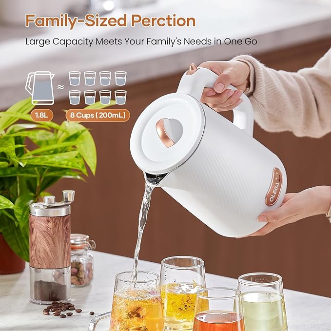 OLEGA Electric Kettle - 1500W Electric Tea Kettle 1.8L Stainless Steel Inner Electric Kettles for Boiling Water Auto Shut Off Boil-Dry Protection Electric Water Kettle for Coffee Tea White